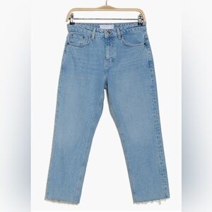 Mid Rise Raw Hem Straight Leg mid calf Jeans light blue